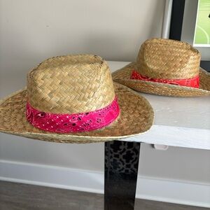 Kids Straw Hat with Pink Bandana Accent